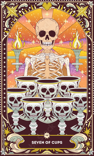 Seven of Cups A tarot card in bohemian tones in a modern style in the form of a skeleton. Modern map illustration, minimalistic cartoon skeleton, simple vector drawing