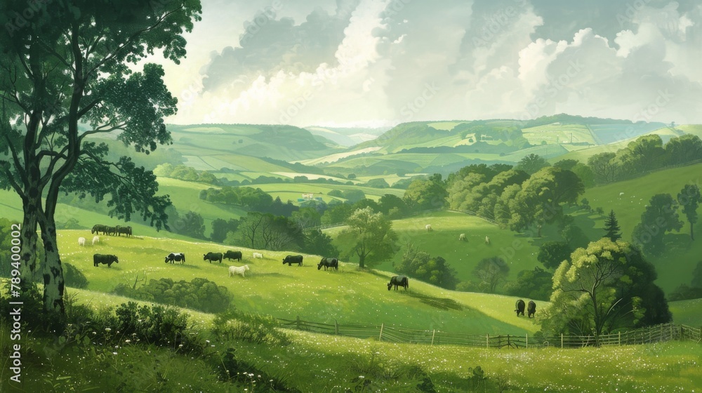 A serene countryside scene with grazing cattle in green pastures and rolling hills, portraying the pastoral charm of agricultural landscapes.