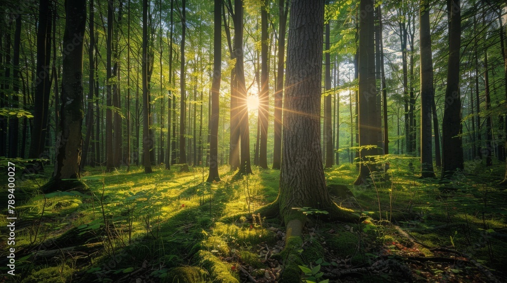Obraz premium A serene forest landscape with mature trees standing tall, inspiring viewers to join efforts in tree planting for a greener and healthier planet.