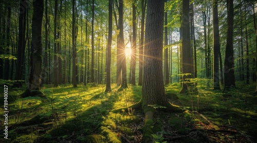 A serene forest landscape with mature trees standing tall, inspiring viewers to join efforts in tree planting for a greener and healthier planet.