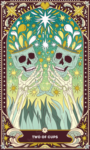 Two of Cups A tarot card in bohemian tones in a modern style in the form of a skeleton. Modern map illustration, minimalistic cartoon skeleton, simple vector drawing