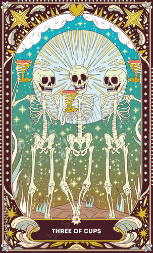 Three of Cups A tarot card in bohemian tones in a modern style in the form of a skeleton. Modern map illustration, minimalistic cartoon skeleton, simple vector drawing
