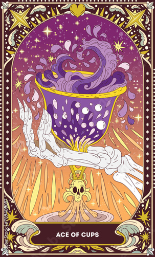 Ace of Cups A tarot card in bohemian tones in a modern style in the form of a skeleton. Modern map illustration, minimalistic cartoon skeleton, simple vector drawing