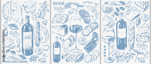 Vector wine illustration. Wine bottle, glass, snack, cork, corkscrew, grape, cheese, bread
