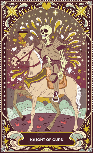Knight of Cups A tarot card in bohemian tones in a modern style in the form of a skeleton. Modern map illustration, minimalistic cartoon skeleton, simple vector drawing