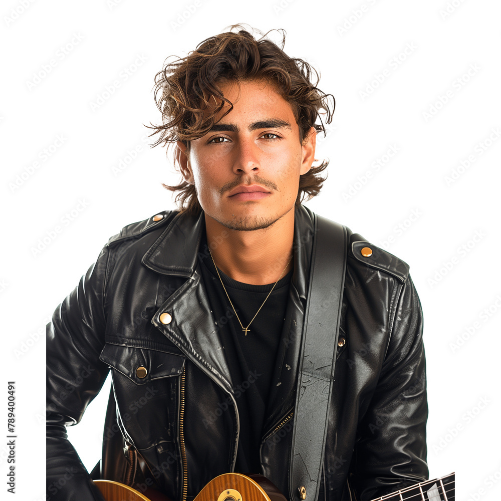 Stylish young musician with a guitar in a black leather jacket Stylish young musician with a guitar in a black leather jacket