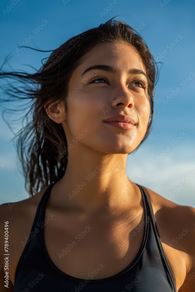 A serene woman in fitness attire basks in the sunlight embodying calm and strength against blue sky A serene woman in fitness attire basks in the sunlight embodying calm and strength against blue sky