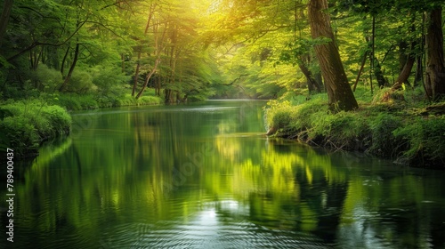 A tranquil river winding through lush greenery, reflecting the serene beauty and tranquility of nature's waterways.