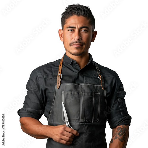 Confident male hairstylist with scissors and apron © Mustafa