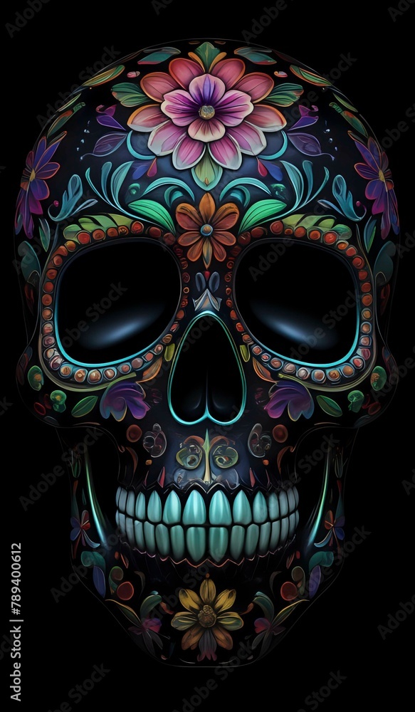Iridescent day of the dead skull on a black background. AI Generated. Iridescent day of the dead skull on a black background. AI Generated.