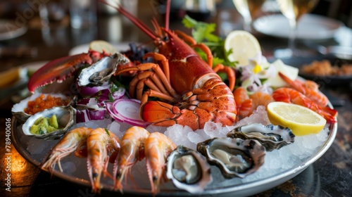 A vibrant seafood platter featuring lobster, shrimp, and oysters on ice, showcasing the abundance and variety of coastal cuisine in the West.