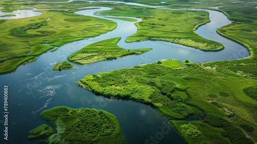 Aerial view of a meandering river delta, illustrating the intricate network of waterways and diverse ecosystems supported by rivers.