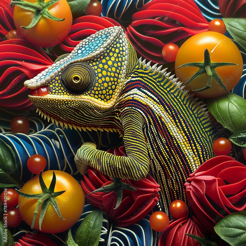 Amidst the aroma of garlic and basil, the chameleon enjoys a bite of caprese salad, its skin blending with the vibrant colors of the fresh tomatoes and basil leaves , Amidst the aroma of garlic and basil, the chameleon enjoys a bite of caprese salad, its skin blending with the vibrant colors of the fresh tomatoes and basil leaves ,