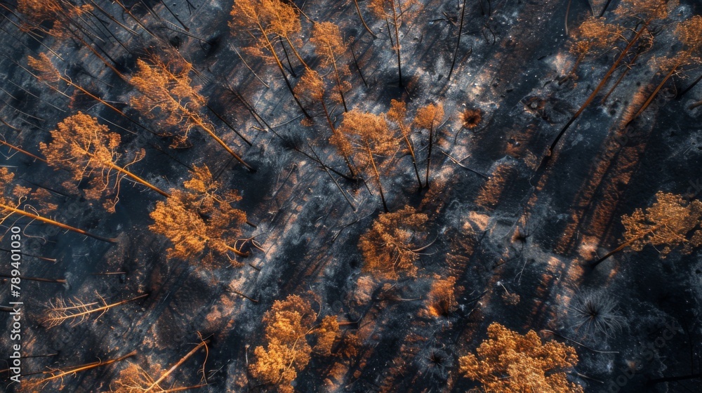 Aerial view of charred trees and scorched earth after a forest fire, emphasizing the aftermath and devastation left by wildfire outbreaks. Aerial view of charred trees and scorched earth after a forest fire, emphasizing the aftermath and devastation left by wildfire outbreaks.