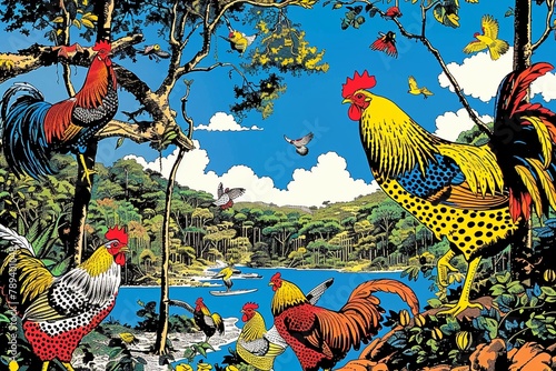 Amidst the lush landscapes of Colombia, roosters adorned with colorful plumage engage in spirited combat ,