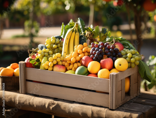 Fresh Assorted Fruits in Wooden Crate on Sunny Day
