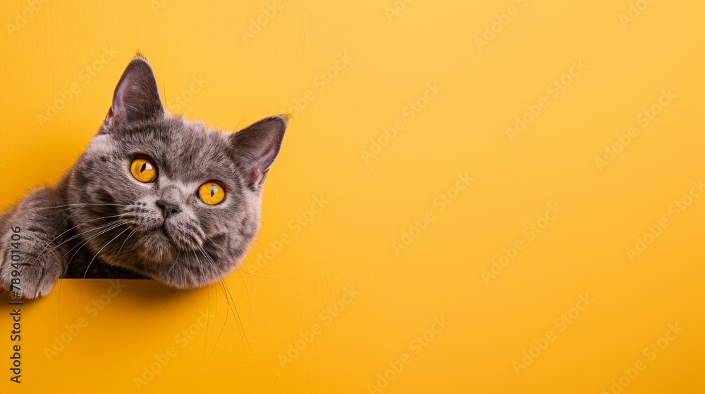 big lilac british shorthair cat with yellow eyes looking at copy space on yellow background - obrazy, fototapety, plakaty 