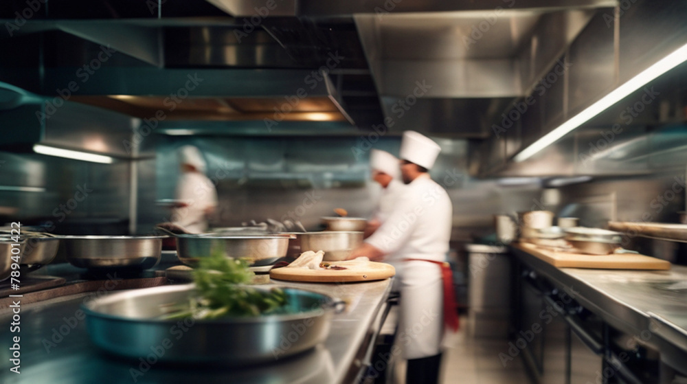Defocused restaurant kitchen background with long kitchen counter full of dishes. Active professional chef, concept of culinary chaos and teamwork. Defocused restaurant kitchen background with long kitchen counter full of dishes. Active professional chef, concept of culinary chaos and teamwork.
