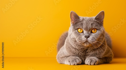 big lilac british shorthair cat with yellow eyes looking at copy space on yellow background