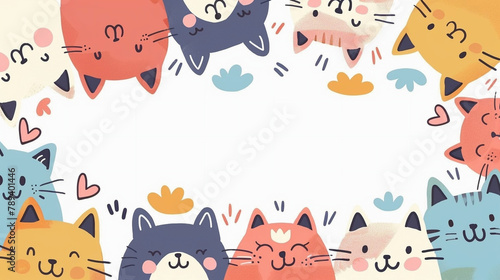 White background with space for text framed by a frame of cute funny drawn cats