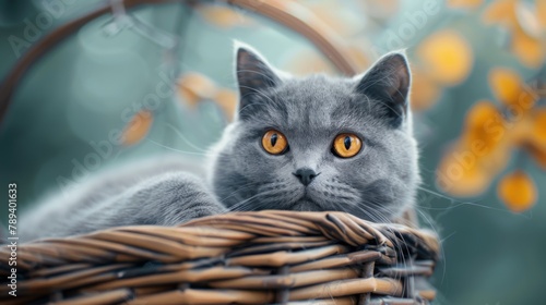 Blue color of British short hair cat with yellow eyes in basket photo