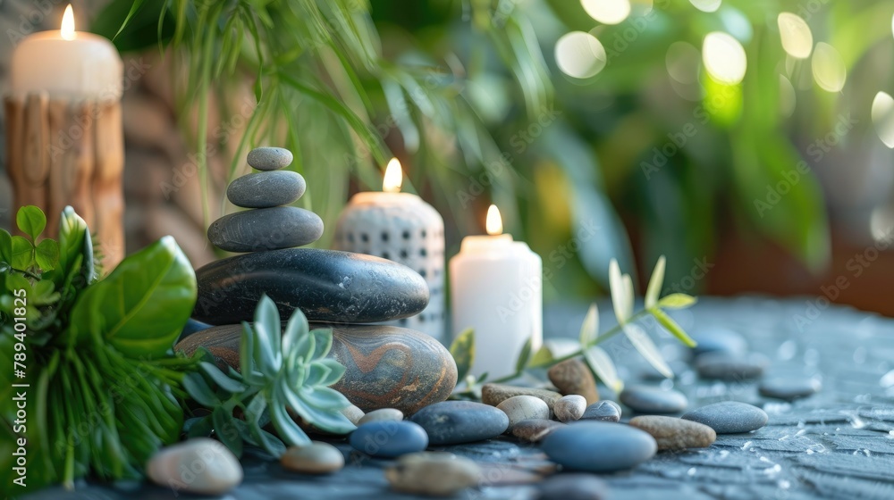 Spa composition with zen stones and candles on table