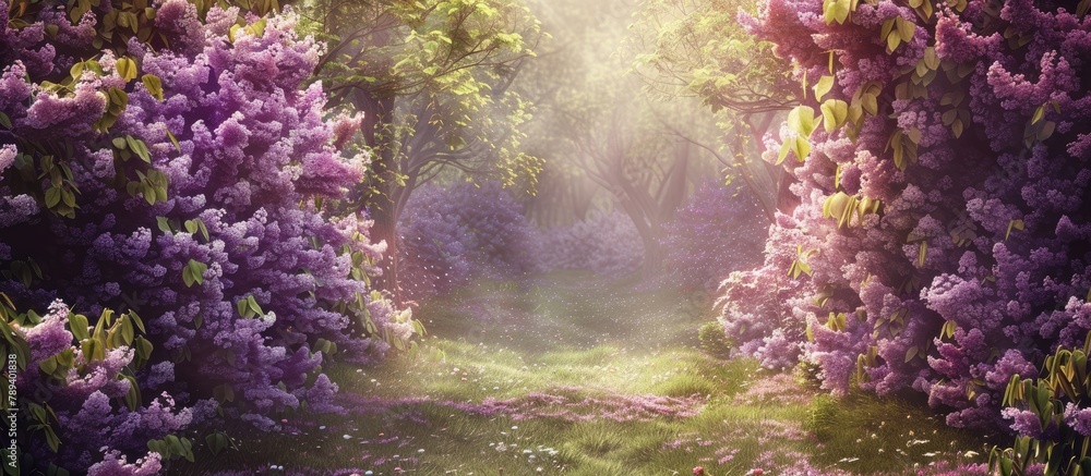 Obraz premium Imaginary setting. Enchanted woods. Lovely scenery of spring with blooming lilac trees.