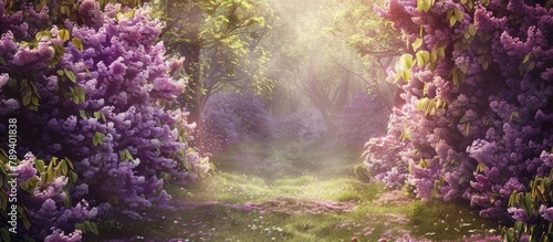 Imaginary setting. Enchanted woods. Lovely scenery of spring with blooming lilac trees. photo
