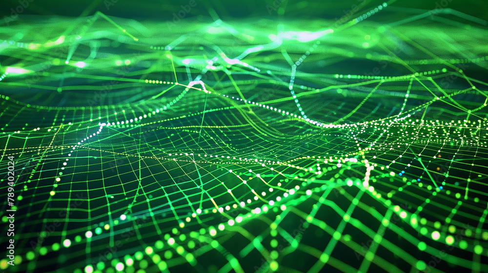 This portrayal showcases showing an interconnected network of green lines and dots, representing sustainable technology solutions. in a stunning visual representation.