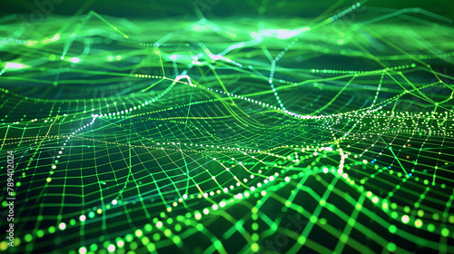 This portrayal showcases showing an interconnected network of green lines and dots, representing sustainable technology solutions. in a stunning visual representation.
