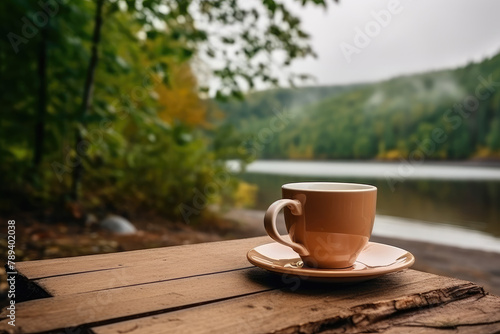 Tranquil Morning Coffee by the Misty Lake