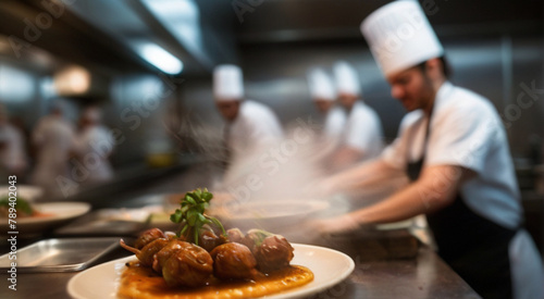 Defocused restaurant kitchen background with long kitchen counter full of dishes. Active professional chef, concept of culinary chaos and teamwork.