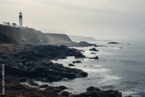 Serene Lighthouse Overlooking Rocky Coastal Shoreline
