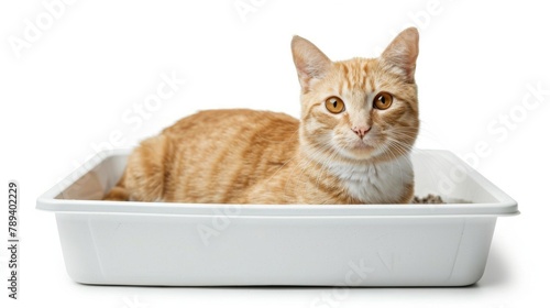 cat in toilet tray box with litter isolated