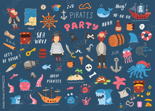 Cute Pirate elements collection. Cartoon sea adventures items set. Vector illustration