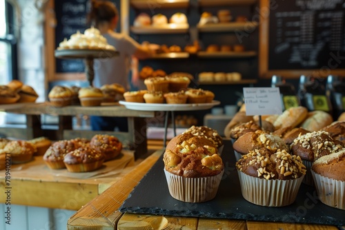 closeup assortment of muffins and loaves on display in front, with the silhouette or blurred figure behind working at a counter or bar area. menu items, adding to the rustic coffee shop ambiance