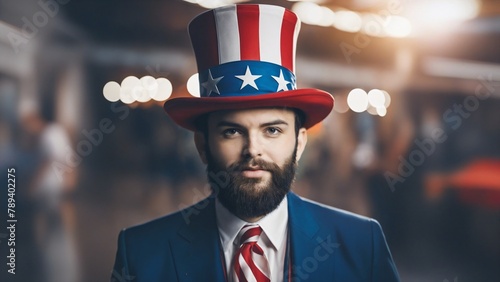 White Male with Brown Hair and Beard Dressed as Uncle Sam for the 4th of July