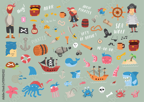 Cute Pirate elements collection. Cartoon sea adventures items set. Vector illustration