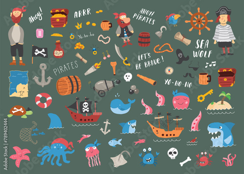 Cute Pirate elements collection. Cartoon sea adventures items set. Vector illustration