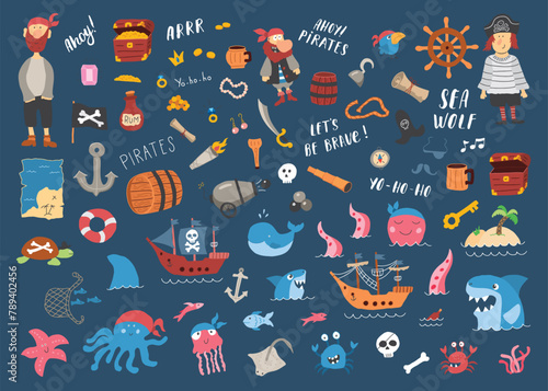 Cute Pirate elements collection. Cartoon sea adventures items set. Vector illustration