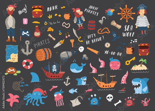 Cute Pirate elements collection. Cartoon sea adventures items set. Vector illustration