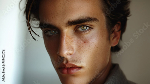 Portrait of a handsome young man model. Closeup photo