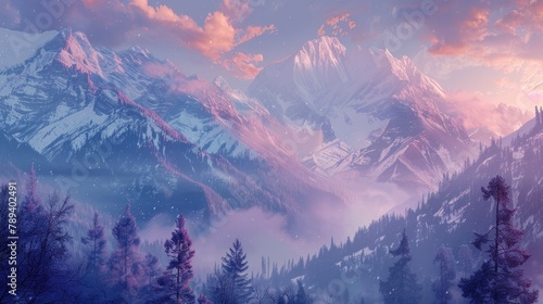 Fantasy winter landscape with snowy mountains and coniferous forest.