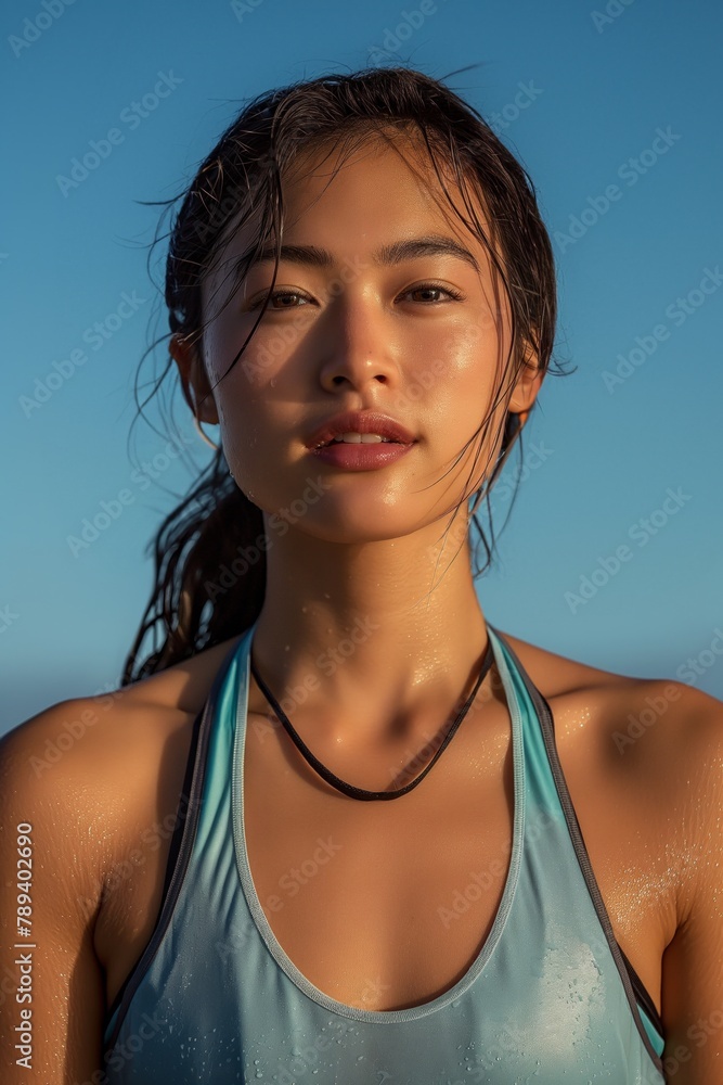 A serene woman in fitness attire basks in the sunlight embodying calm and strength against blue sky A serene woman in fitness attire basks in the sunlight embodying calm and strength against blue sky