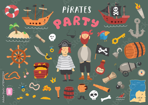 Cute Pirate elements collection. Cartoon sea adventures items set. Vector illustration