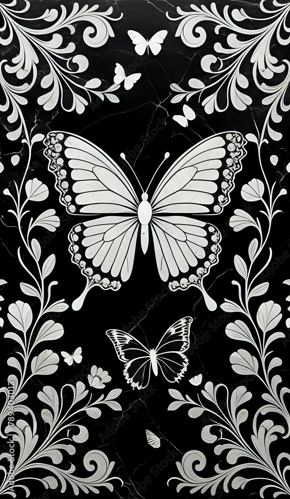 marble background with flower designs and butterfly silhouette, wall decoration in black tones marble background with flower designs and butterfly silhouette, wall decoration in black tones