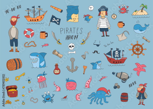 Cute Pirate elements collection. Cartoon sea adventures items set. Vector illustration