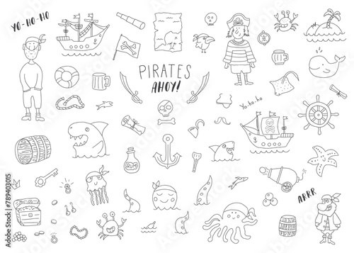 Cute Pirate elements collection. Cartoon sea adventures items set. Vector illustration