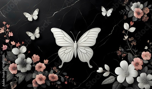 marble background with flower designs and butterfly silhouette, wall decoration in black tones © Jason Yoder
