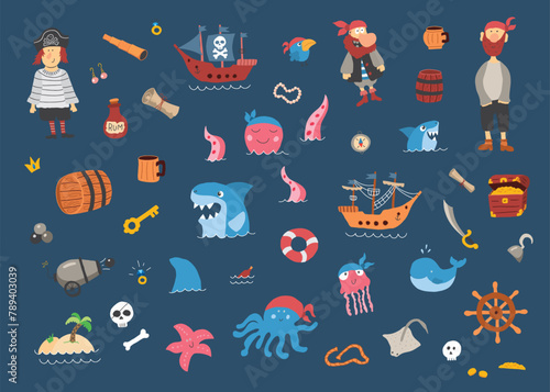 Cute Pirate elements collection. Cartoon sea adventures items set. Vector illustration